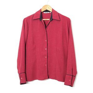 Miss Tee Vintage Red Hoilday Vibe Black Trim Button Front Plaid Collared Blouse